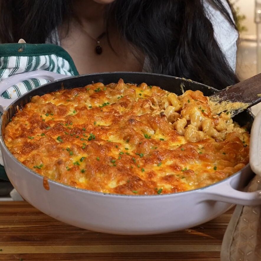 Creamy baked mac and cheese topped with chopped chives - Hungry Mockingbird