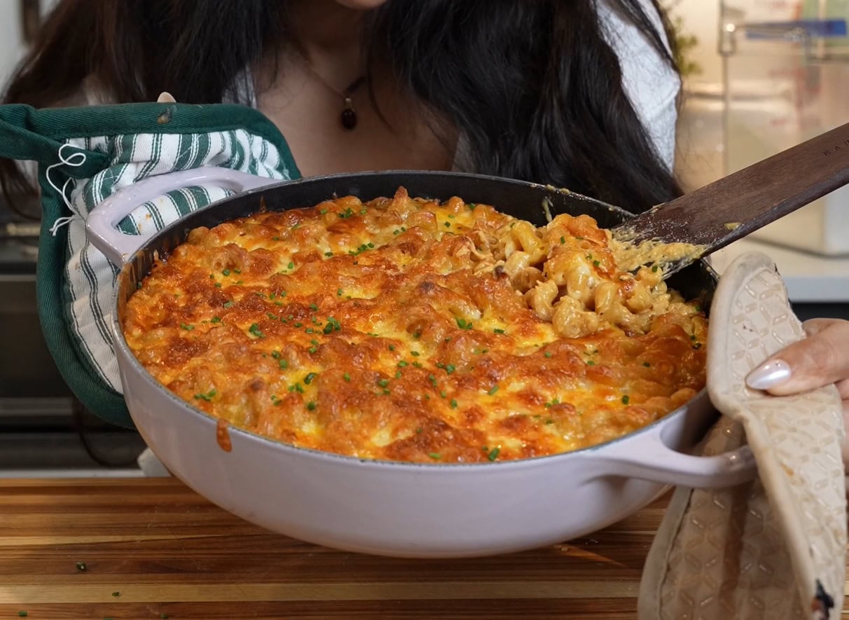 Creamy baked mac and cheese topped with chopped chives - Hungry Mockingbird